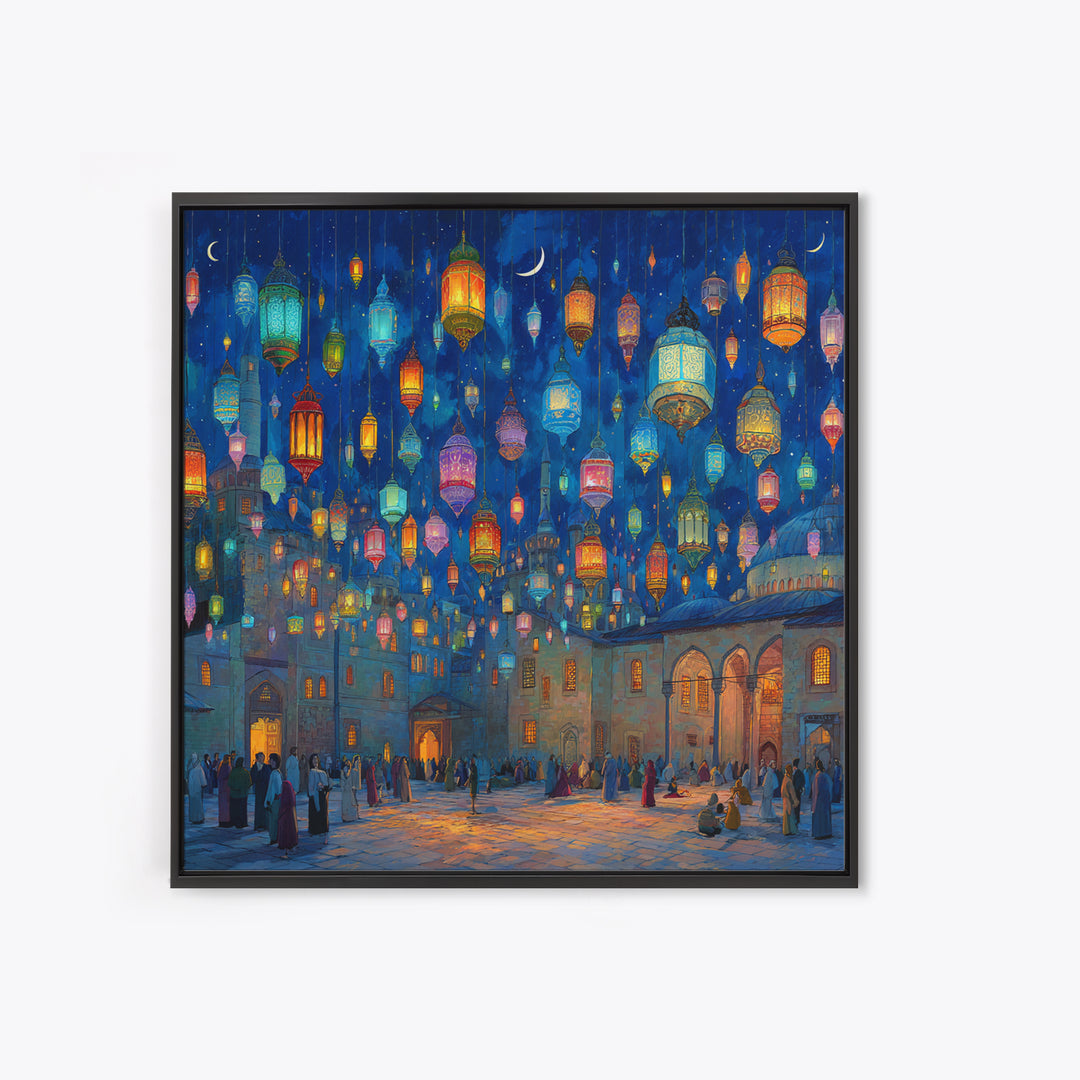 Colorful Ramadan Lanterns Over Courtyard Wall Art, Islamic Canvas Print, Arabic Home Decor, Eid Gift, Mystical Night Scene