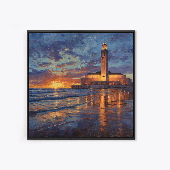 Sunset Mosque On Moroccan Coast Canvas Print, Islamic Wall Art, Ocean Seascape, Morocco Travel Poster, Coastal Home Decor