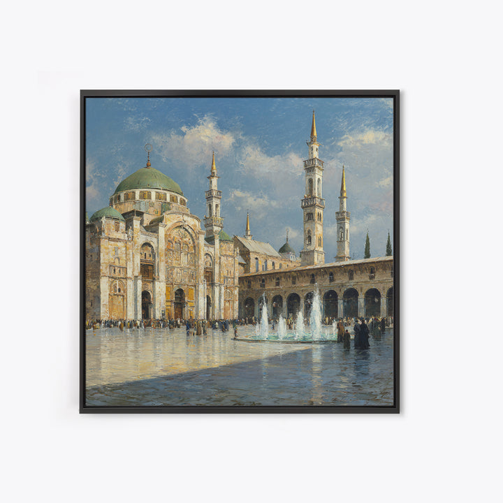 Grand Mosque Courtyard Framed Canvas Print, Islamic Architecture Wall Art, Impressionist Travel Poster, Elegant Office Decor