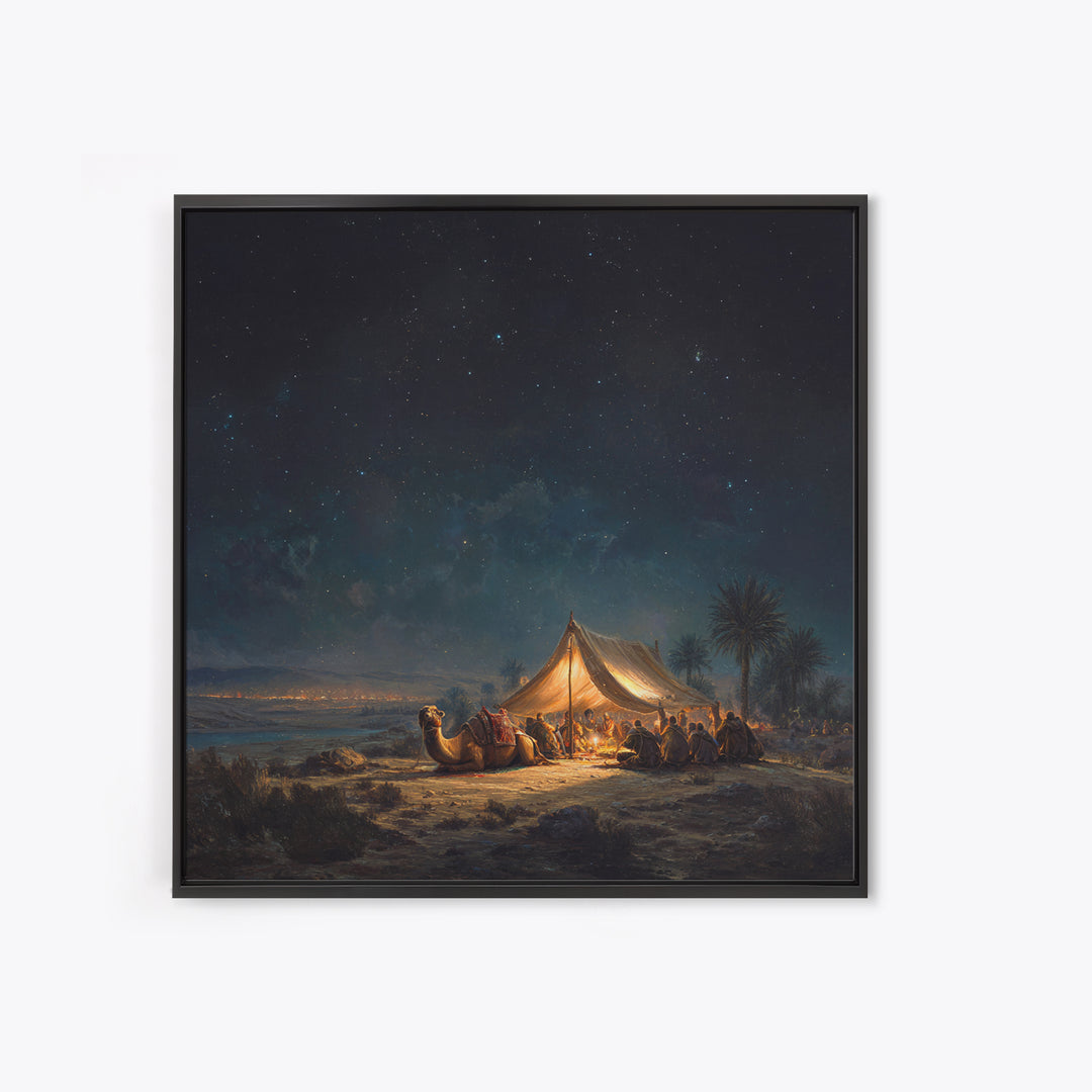 Starlit Desert Camp Canvas Print, Camel Caravan Landscape Art, Celestial Night Sky Wall Decor, Boho Travel Poster Gift For Him