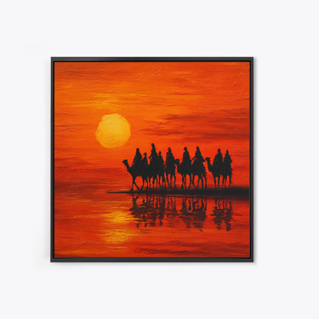 Camel Caravan At Orange Desert Sunset Wall Art, Moroccan Travel Canvas Print, Sahara Landscape Decor, Boho Housewarming Gift