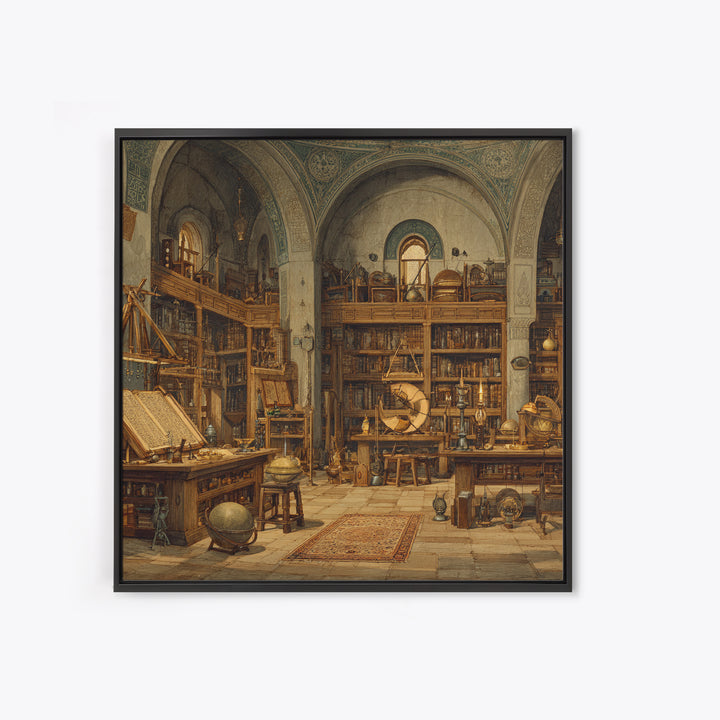 Antique Scholar Library With Globes And Manuscripts Framed Canvas Print, Dark Academia Wall Art, Office Decor, Book Lover Gift
