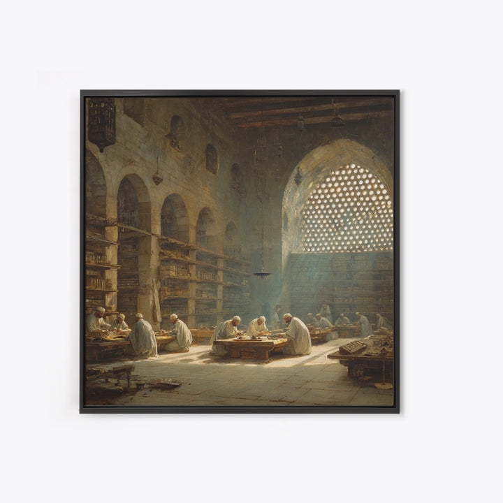 Sunlit Ancient Library Scholars Wall Art, Islamic Architecture Canvas, Dark Academia Decor, Historical Fine Art Print Gift