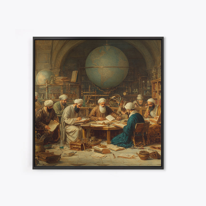 Ancient Scholars With Globe Wall Art, Islamic Golden Age Study Framed Canvas Print, Historical Library Office Decor Gift