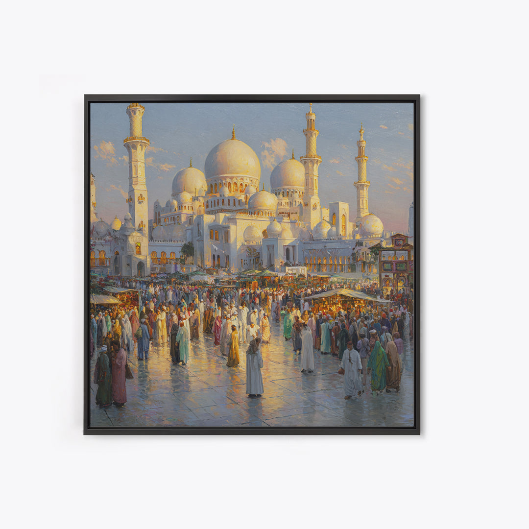 Grand White Mosque And Market Crowd Wall Art, Islamic Architecture Print, Middle Eastern Decor, Travel Gift For Living Room