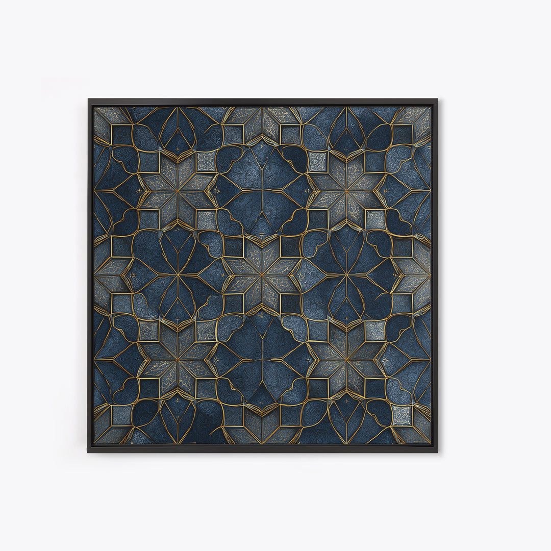 Blue Gold Geometric Tile Pattern Wall Art, Moroccan Art Deco Canvas Print, Luxury Modern Abstract Home Decor Gift For Her
