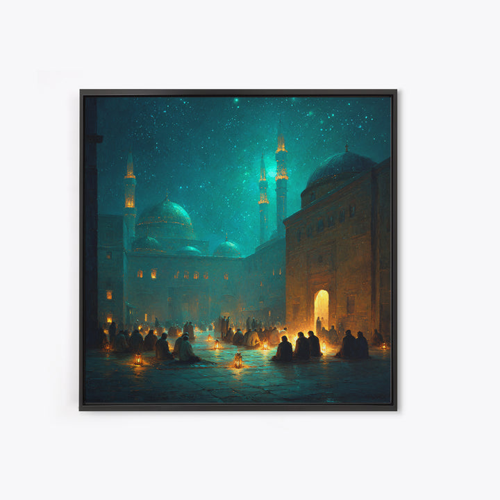 Teal Lantern Prayer Courtyard Wall Art, Islamic Framed Canvas Print, Ramadan Decor, Spiritual Wall Art, Moody Mosque Scene