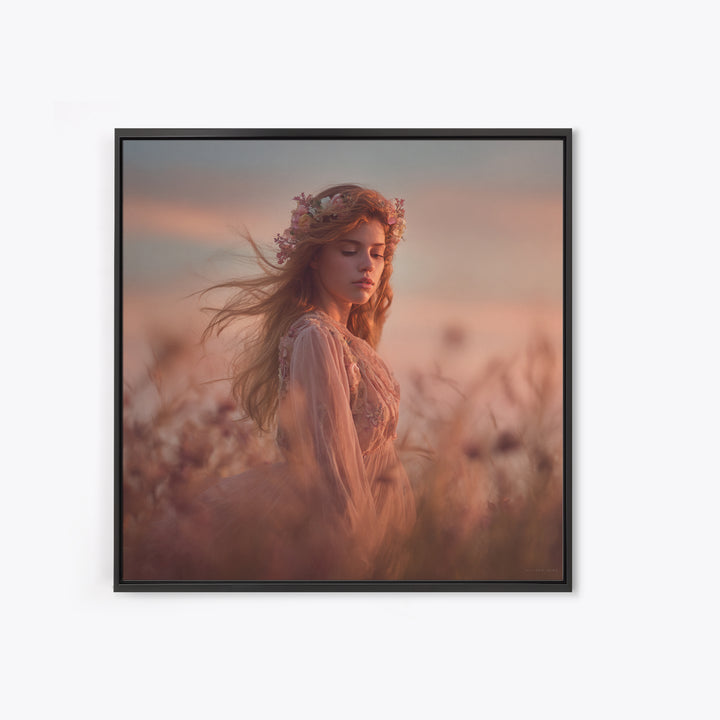 Ethereal Woman In Wildflower Meadow Canvas Print, Romantic Feminine Wall Art, Soft Pastel Bedroom Decor Living Room Gift For Her