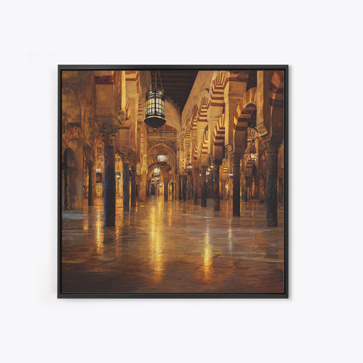 Golden Mosque Corridor Wall Art, Islamic Architecture Print, Moroccan Home Decor, Warm Lantern Canvas For Living Room Decor