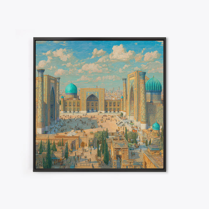 Sunlit Samarkand Mosque Courtyard Wall Art, Islamic Architecture Travel Poster, Blue Tile Decor, Asian Framed Canvas Print