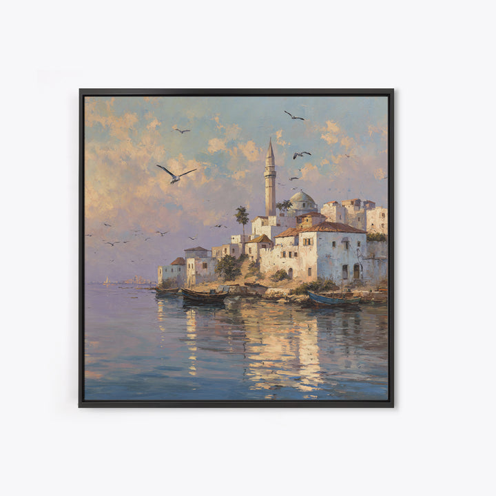 Sunlit Coastal Mosque Village Canvas Print, Mediterranean Seaside Landscape Art, Travel Poster, Coastal Wall Decor For Home