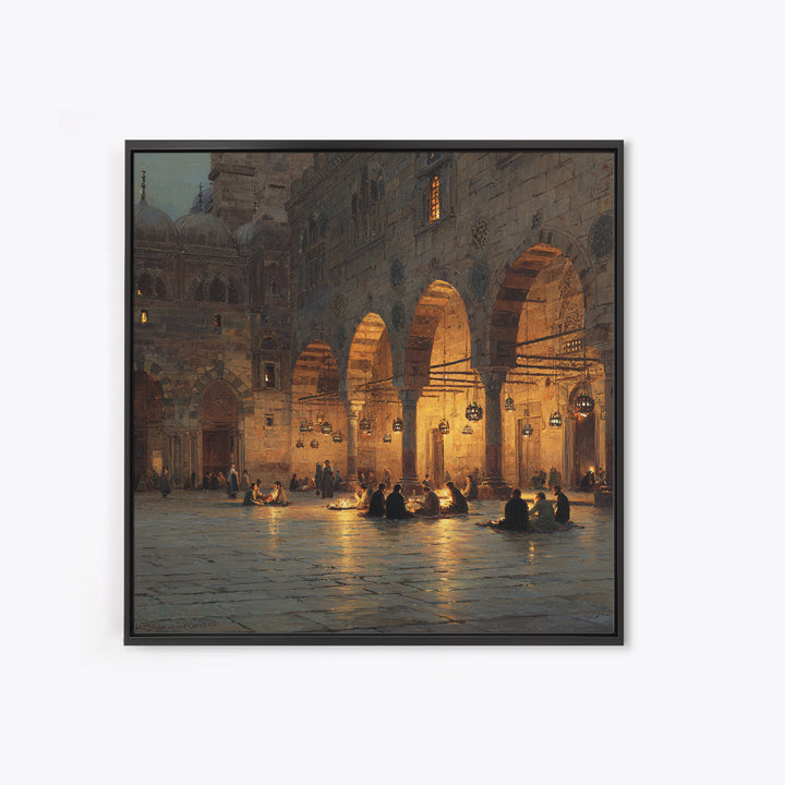 Lantern Lit Islamic Courtyard At Night Wall Art, Jerusalem Mosque Painting, Arabic Architecture, Prayer Room Decor Gift Print