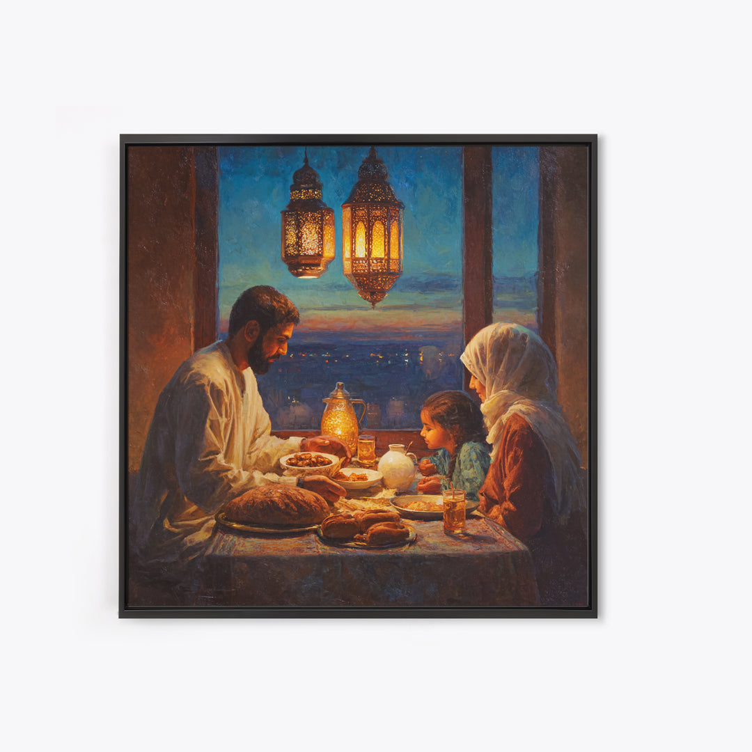 Ramadan Family Iftar By Lanterns Framed Canvas Print, Islamic Home Decor, Warm Dining Room Wall Art, Muslim Gift, Ramadan Eid Decor