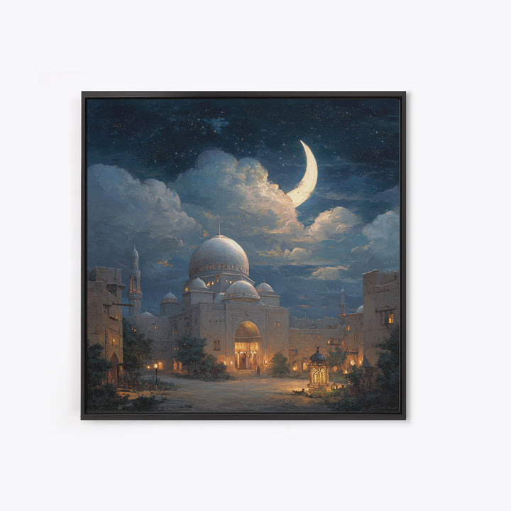 Crescent Moon Mosque Framed Canvas Print, Islamic Architecture Wall Decor, Ramadan Eid Art, Serene Night Sky Home Decor Gift