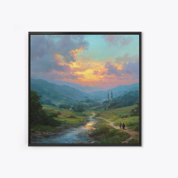 Sunset Valley Mosque And River Landscape Wall Art, Islamic Home Decor, Serene Nature Print, Peaceful Living Room Decor, Housewarming Gift