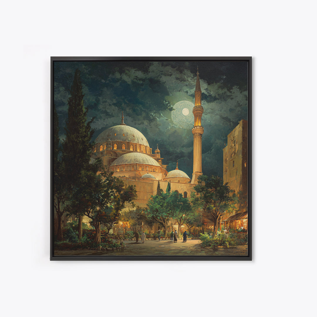 Moonlit Mosque Courtyard At Night Wall Art, Islamic Architecture Canvas Print, Ramadan Decor, Prayer Room Poster For Home Decor