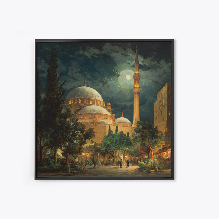 Moonlit Mosque Courtyard At Night Wall Art, Islamic Architecture Canvas Print, Ramadan Decor, Prayer Room Poster For Home Decor