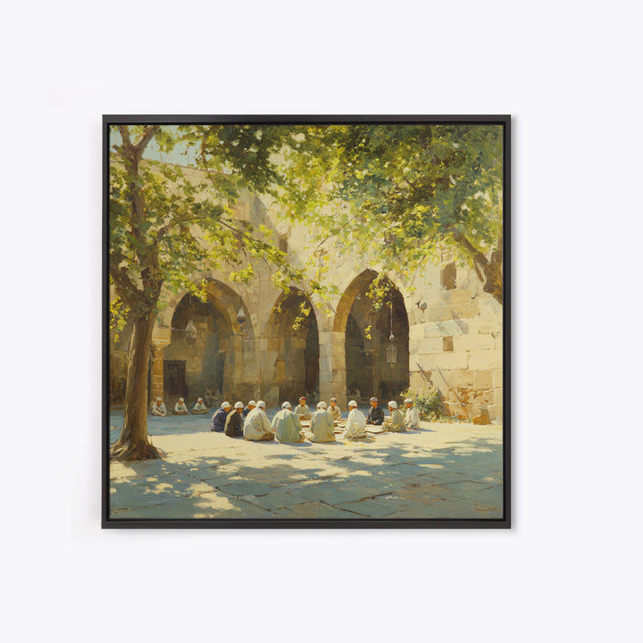Sunlit Mosque Courtyard Gathering Under Trees Framed Canvas Print, Islamic Wall Art, Arabic Architecture, Serene Home Decor