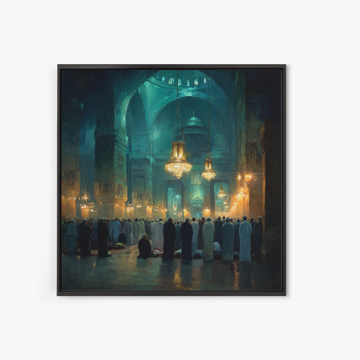 Teal Mosque Prayer Hall With Golden Chandeliers Canvas Print, Islamic Wall Decor, Spiritual Fine Art, Ramadan Gift, Elegant Home Decor