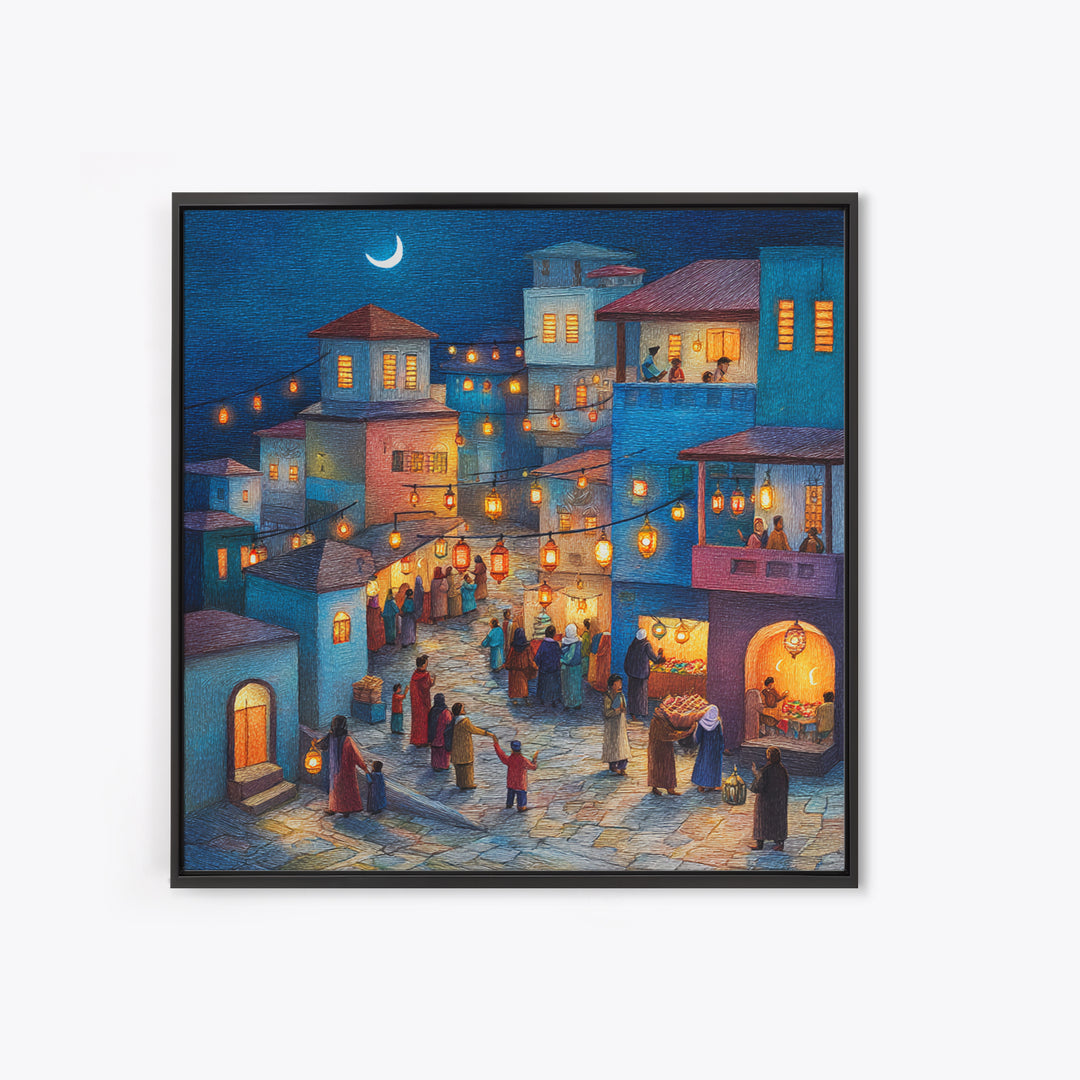 Moonlit Lantern Village Wall Art, Middle Eastern Night Market Canvas Print, Ramadan Decor, Cozy Blue Homes, Housewarming Gift