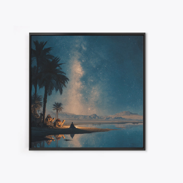 Starlit Desert Oasis With Camels Wall Art, Celestial Night Landscape Print For Boho Home Decor And Meditation Room Wall Decor