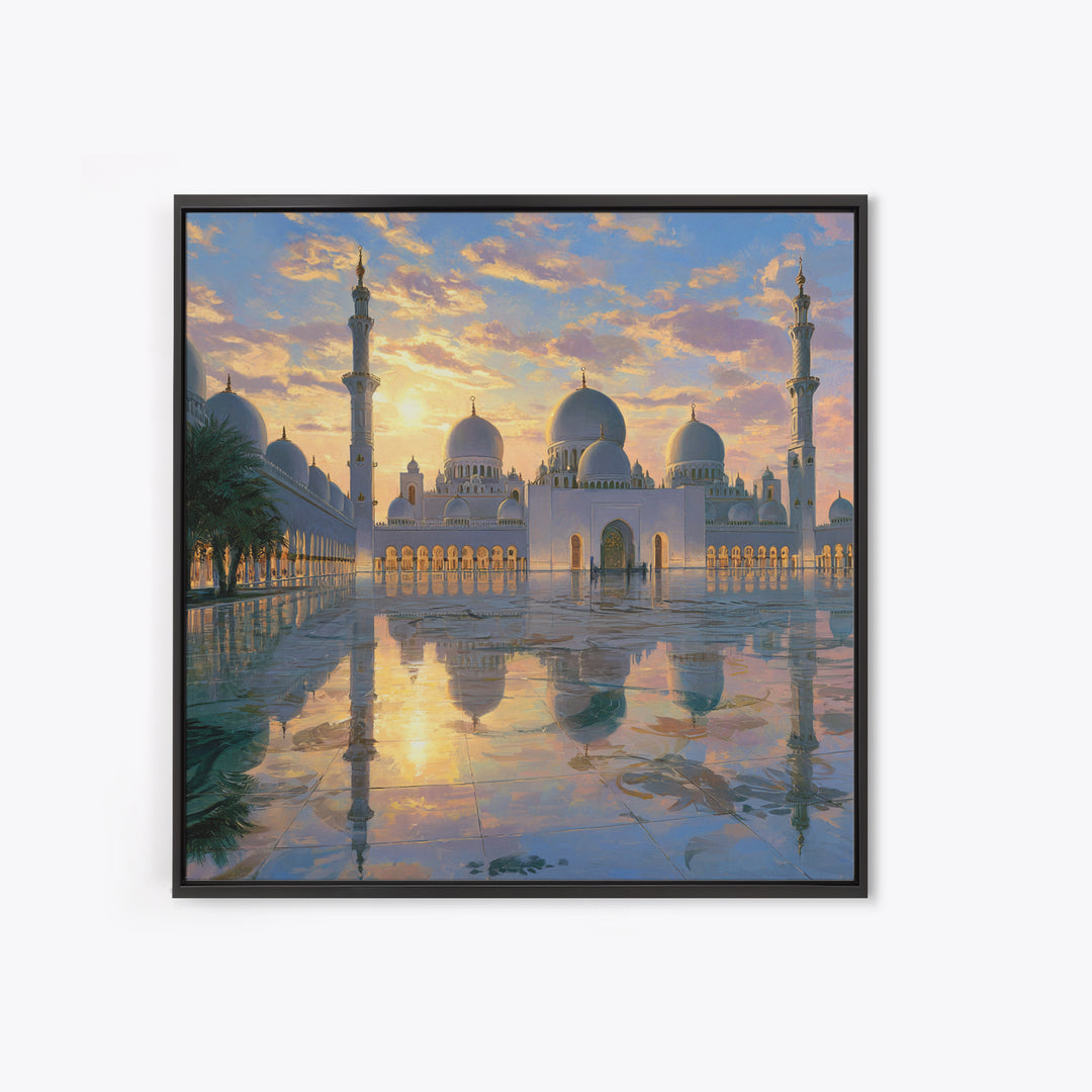 White Grand Mosque At Sunset Framed Canvas Print, Islamic Wall Art, Abu Dhabi Architecture, Spiritual Decor, Luxury Home Decor