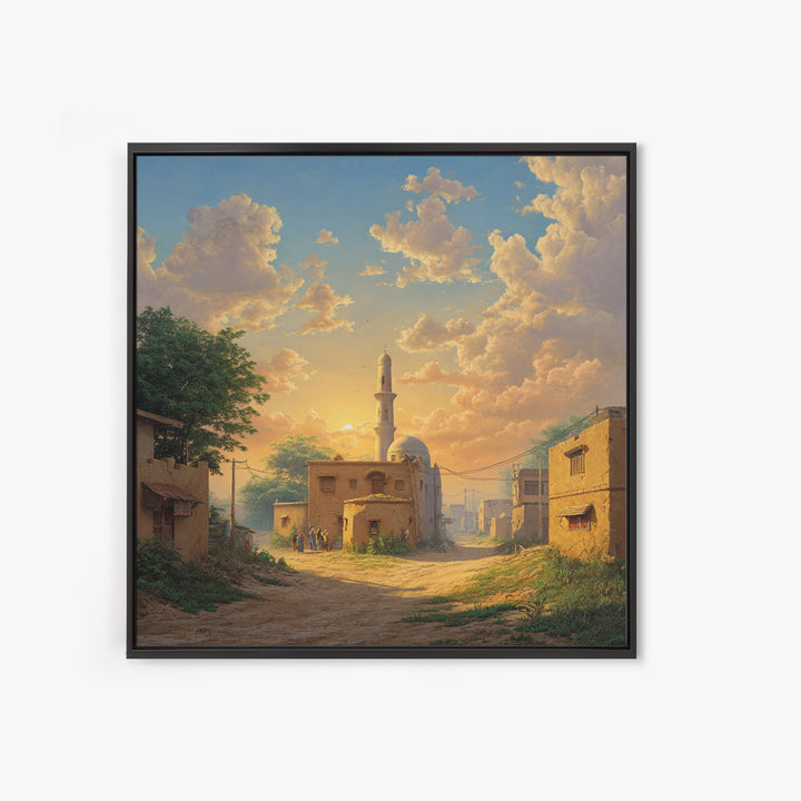 Sunlit Village Mosque At Golden Sunset Wall Art, Islamic Landscape Canvas Print, Rustic Travel Decor, Serene Home Gift For Living Room