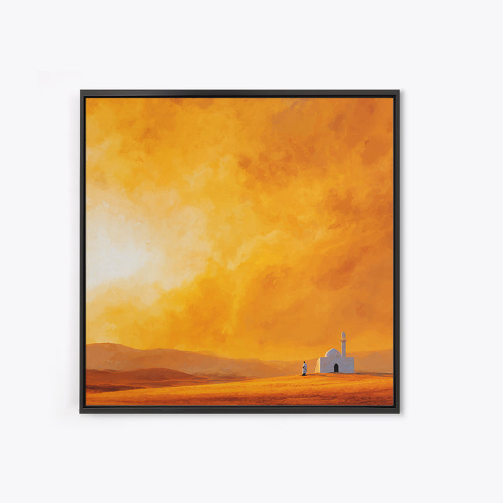 Glowing Orange Desert Mosque Canvas Print, Minimalist Landscape Art, Islamic Wall Decor, Warm Neutral Home Decor Gift Idea