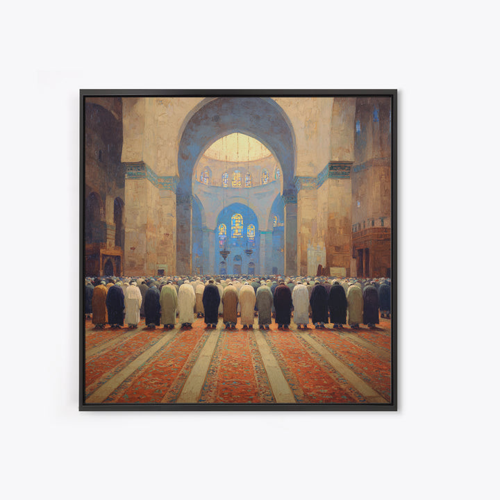 Grand Mosque Prayer Scene Wall Art, Islamic Home Decor, Framed Canvas Print, Spiritual Architecture, Ramadan Gift, Muslim Wall Decor