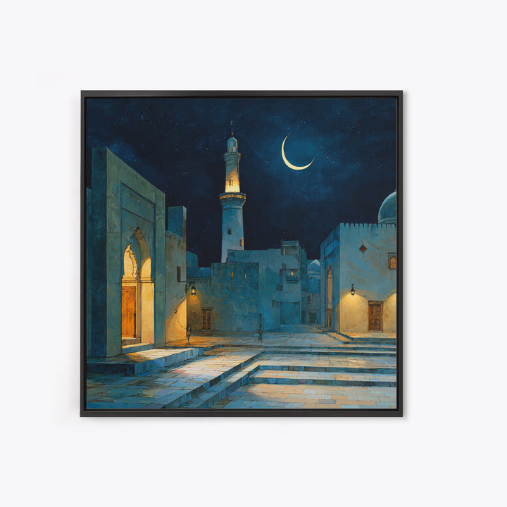 Blue Moonlit Mosque Courtyard With Crescent Moon Wall Art, Islamic Wall Decor, Celestial Night Print, Serene Home Decor Gift