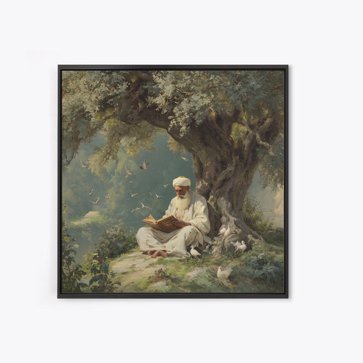 Scholar Reading Beneath Ancient Olive Tree With Doves Canvas Print, Islamic Wall Art, Spiritual Home Decor, Prayer Room Gift