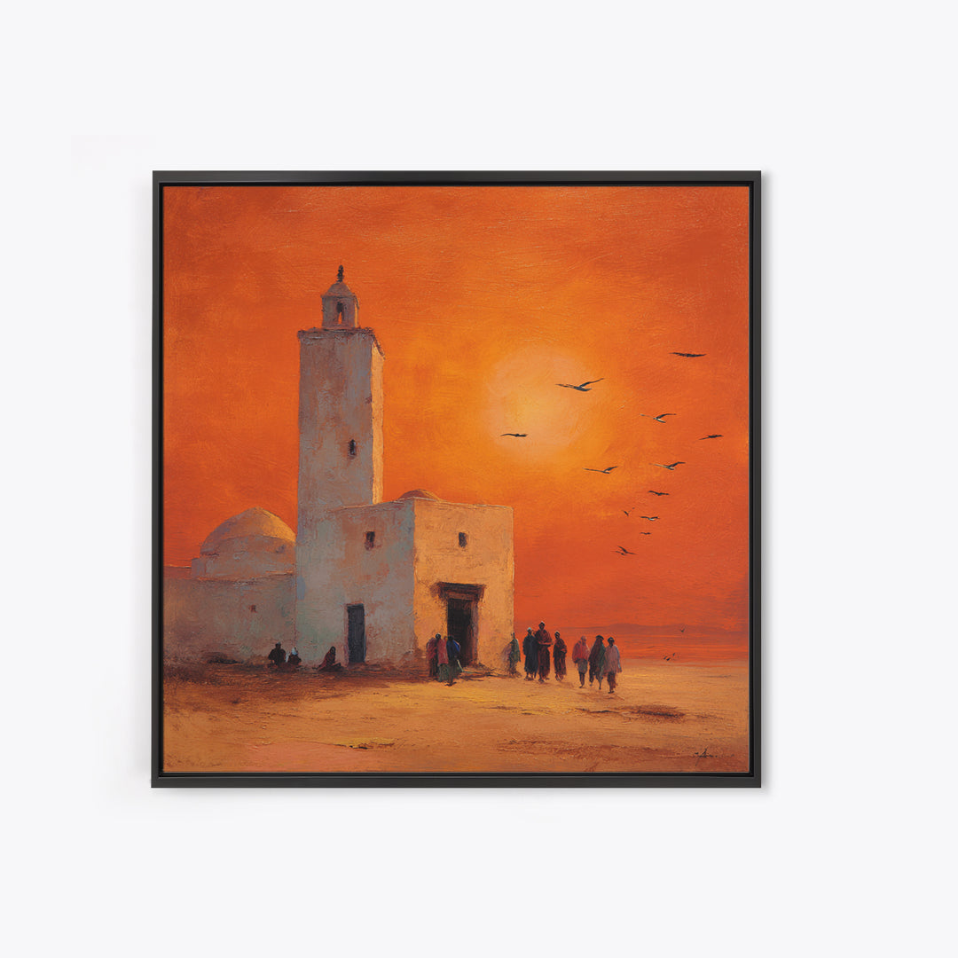Orange Desert Mosque Sunset With Birds Wall Art, Moroccan Wall Decor, Islamic Home Decor, Travel Poster, Housewarming Gift