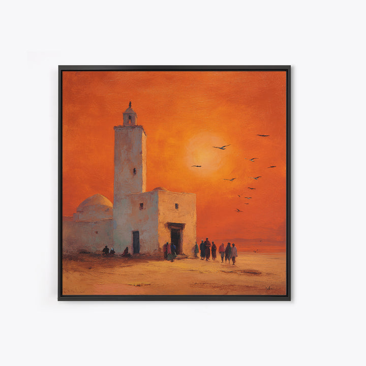 Orange Desert Mosque Sunset With Birds Wall Art, Moroccan Wall Decor, Islamic Home Decor, Travel Poster, Housewarming Gift