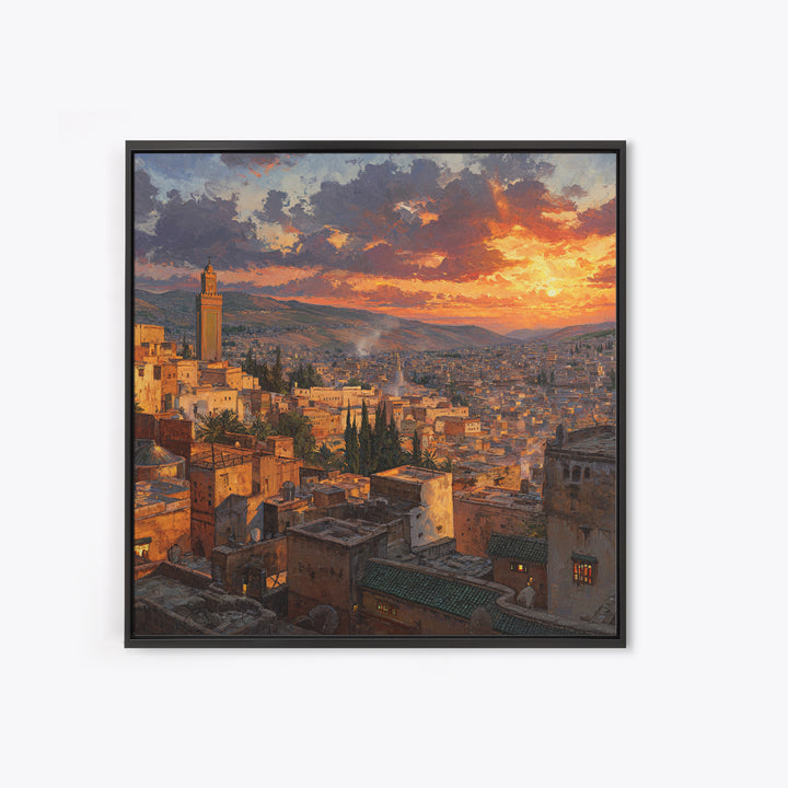Moroccan City Rooftops At Sunset Wall Art, Marrakech Travel Canvas Print, Warm Mediterranean Living Room Decor Housewarming Gift