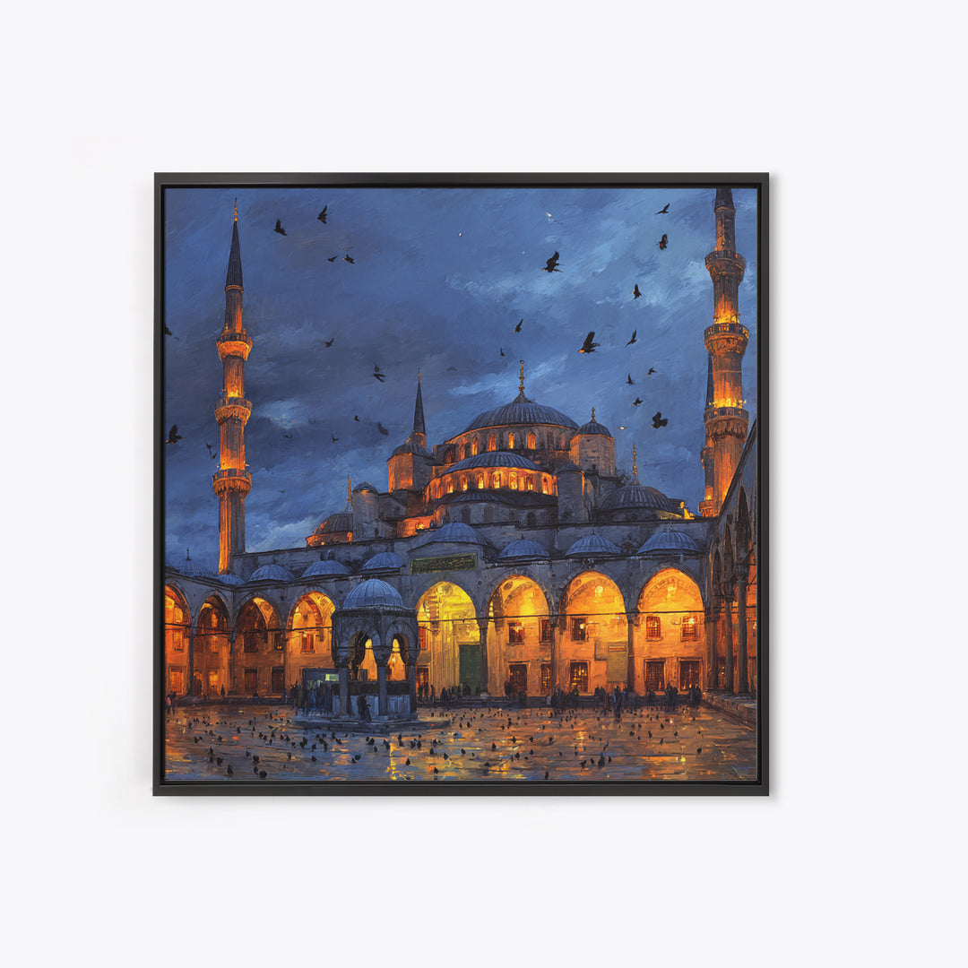 Blue Mosque At Twilight Framed Canvas Print, Islamic Architecture Wall Art, Turkish Travel Poster, Moody Home Decor Gift
