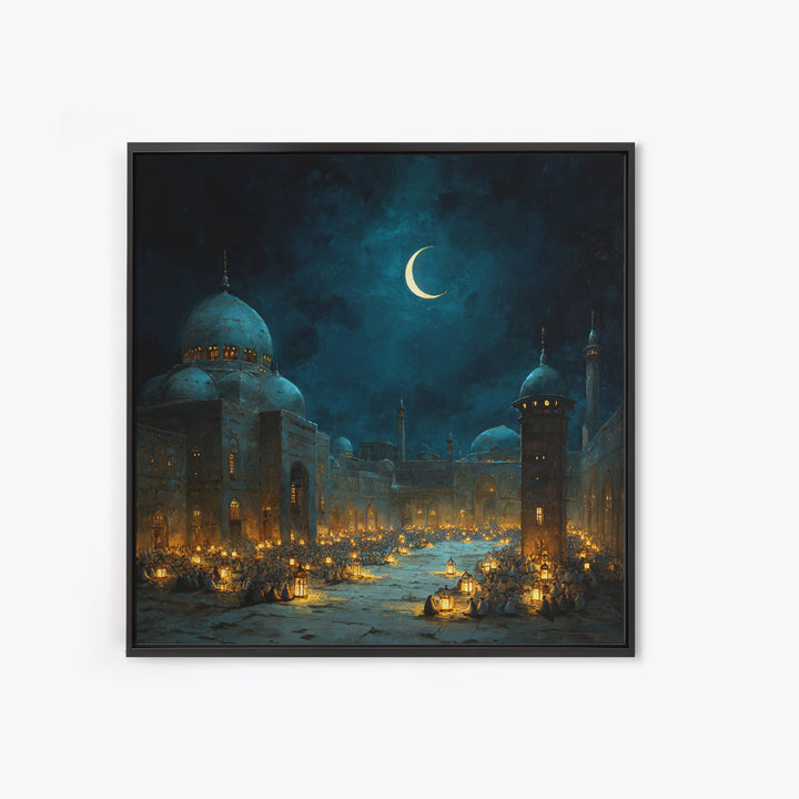 Moonlit Mosque Courtyard With Crescent Canvas Print, Islamic Wall Art, Ramadan Lantern Decor For Prayer Room And Home Decor