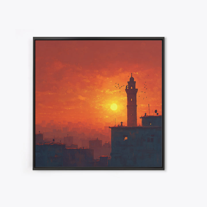 Orange City Sunset With Minaret Tower Silhouette Canvas Print, Islamic Wall Art, Moroccan Decor, Travel Poster, Home Decor