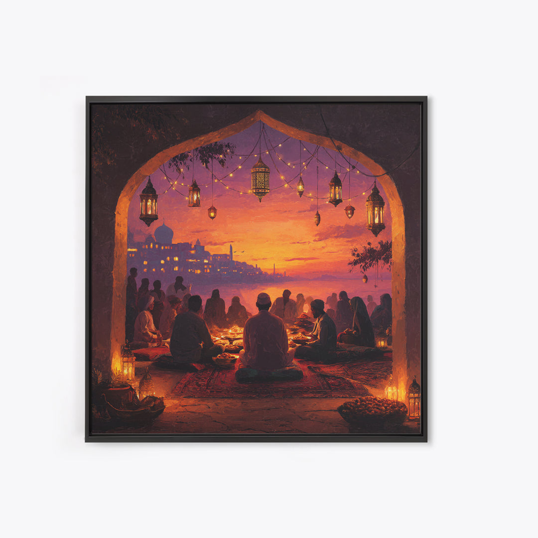 Ramadan Sunset Gathering Wall Art, Lantern Iftar Dinner Scene, Islamic Home Decor, Warm Spiritual Canvas Print Gift For Prayer Room