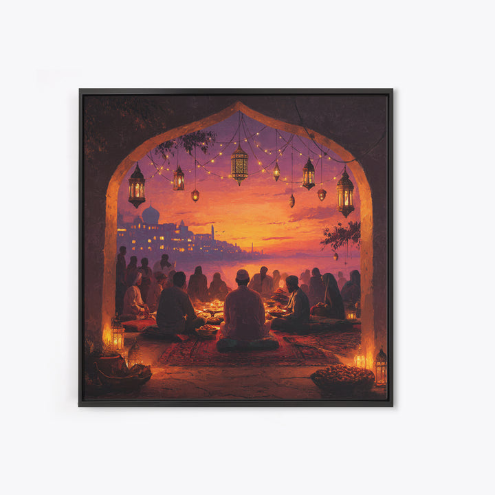 Ramadan Sunset Gathering Wall Art, Lantern Iftar Dinner Scene, Islamic Home Decor, Warm Spiritual Canvas Print Gift For Prayer Room