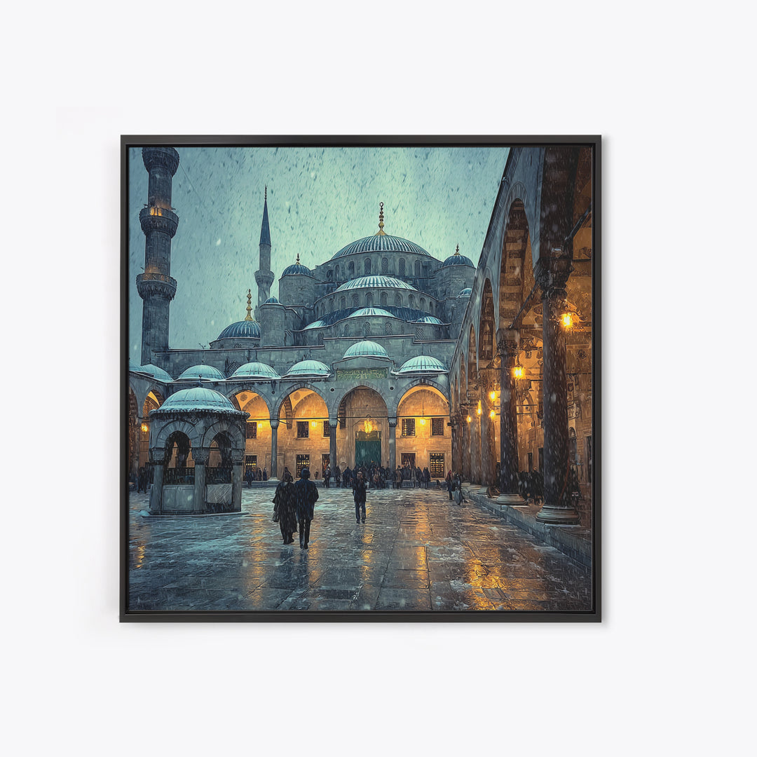 Snowy Blue Mosque Courtyard Canvas Print, Islamic Architecture Wall Art, Istanbul Travel Poster, Spiritual Decor, Home Decor