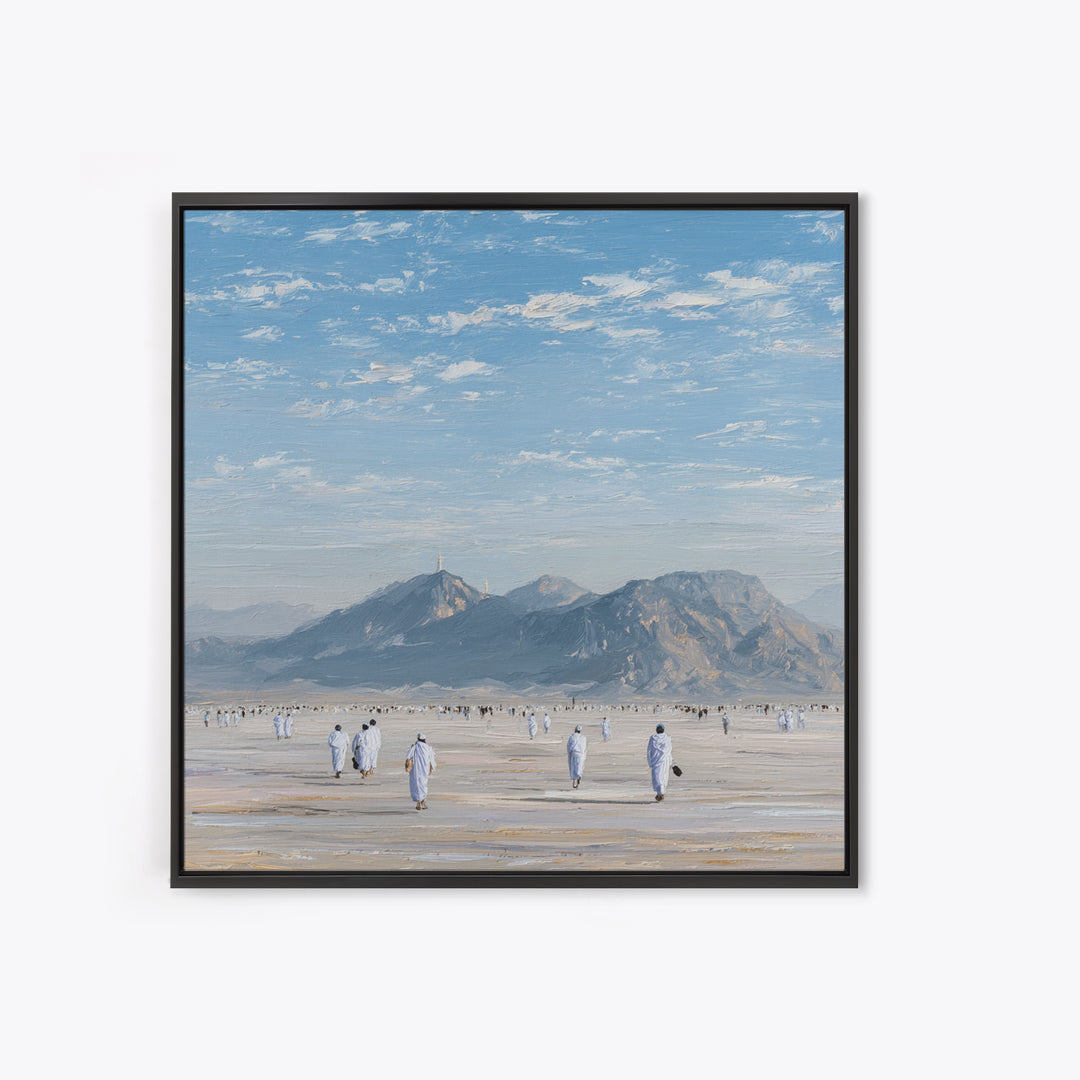 Pilgrims Walking Toward Desert Mountains Wall Art, Minimalist Landscape Canvas Print, Islamic Travel Decor, Calm Neutral