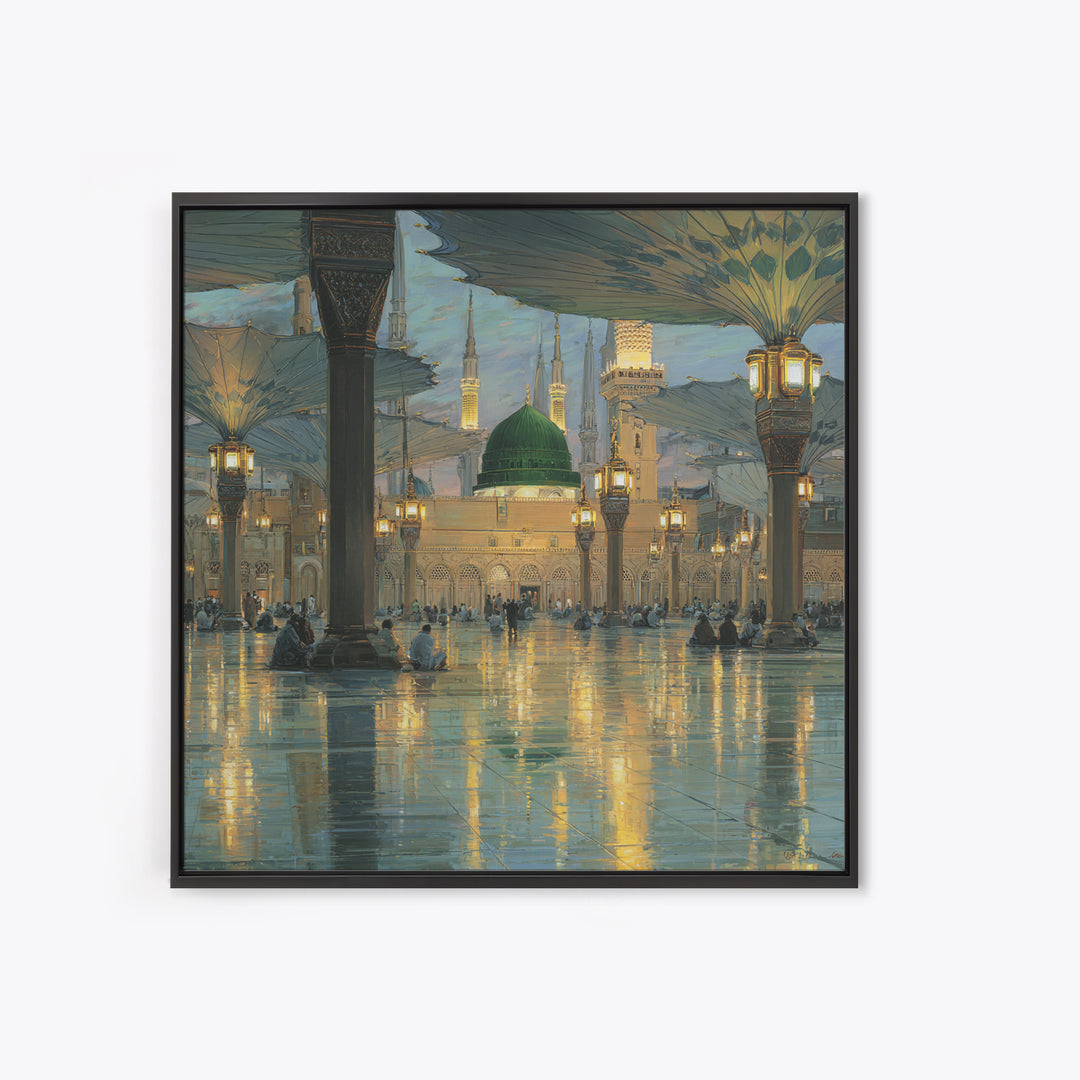 Green Dome Mosque Courtyard With Lantern Reflections Framed Canvas Print, Islamic Wall Art, Medina Decor, Spiritual Gift