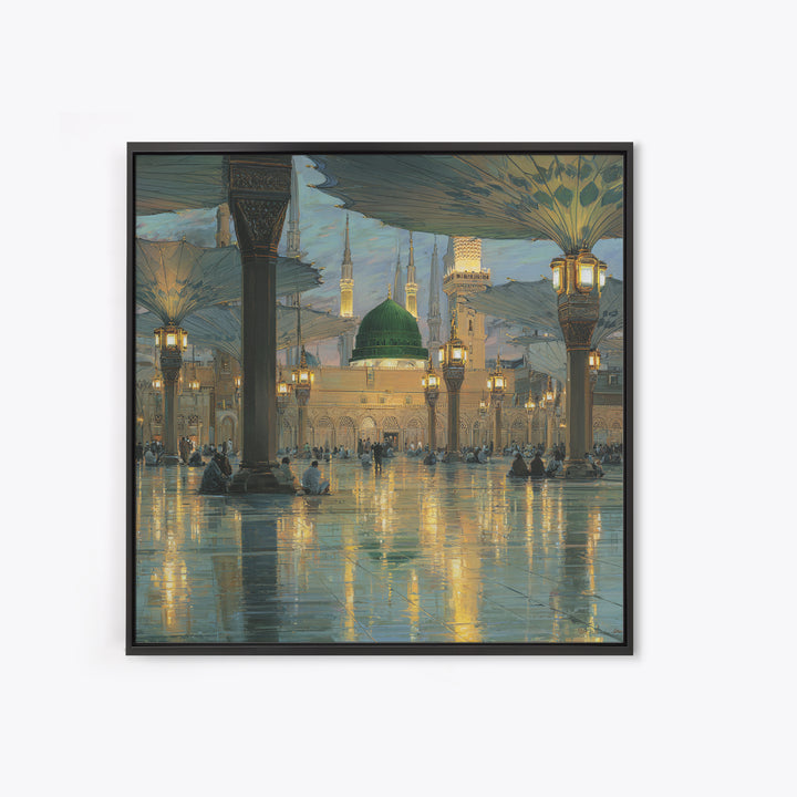Green Dome Mosque Courtyard With Lantern Reflections Framed Canvas Print, Islamic Wall Art, Medina Decor, Spiritual Gift