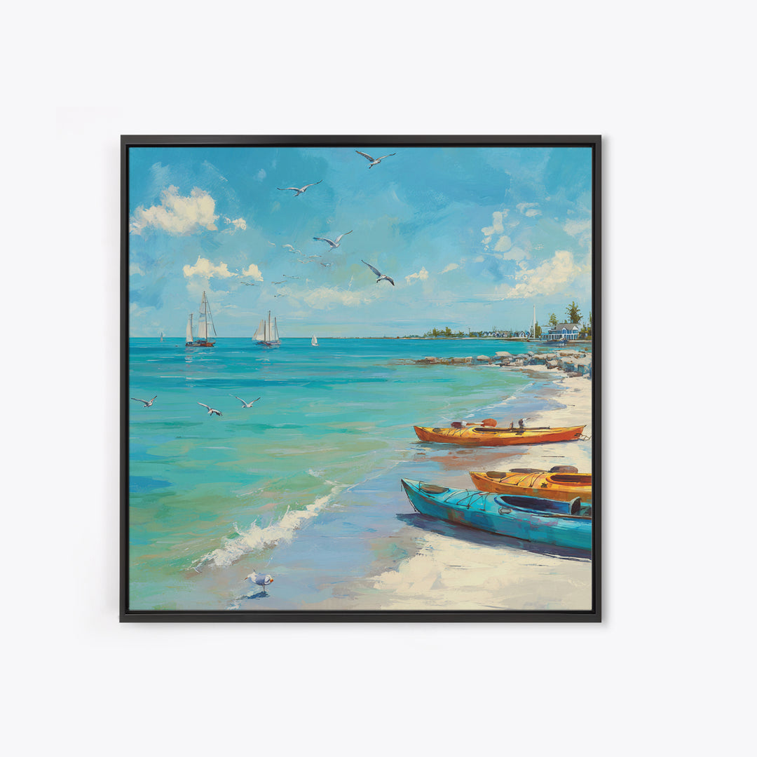 Turquoise Beach Boats And Seagulls Canvas Print, Coastal Wall Art, Ocean Seascape Decor For Beach House Living Room Decor
