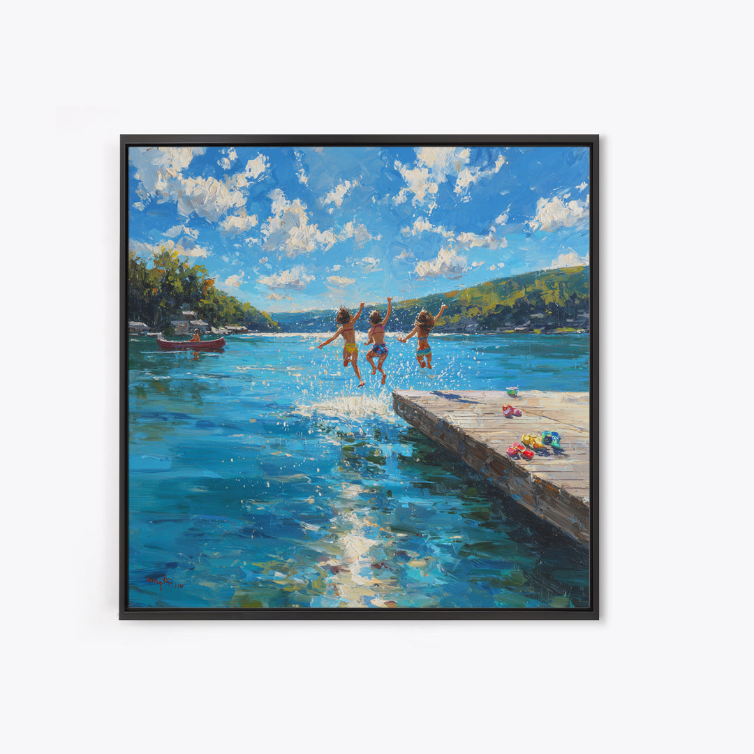 Kids Jumping Off A Sunny Lake Dock Wall Art, Summer Landscape Canvas Print, Lake House Decor, Playroom Art Gift For Coastal Home