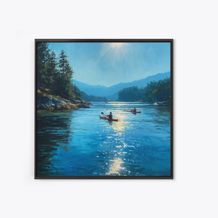 Sunlit Kayakers On Blue Mountain Lake Wall Art, Coastal Landscape Canvas Print, Nature Wall Decor For Living Room Home Decor Gift