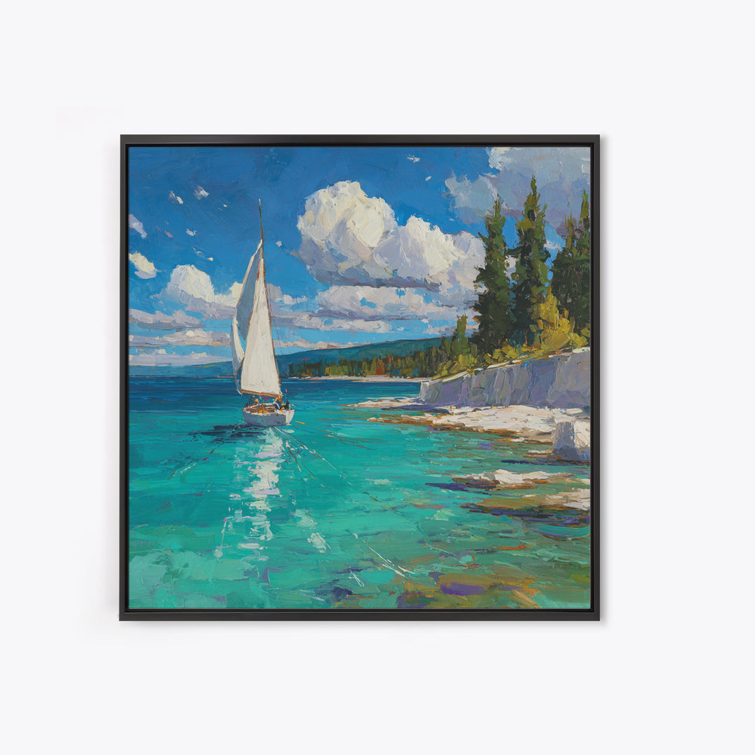 White Sailboat On Turquoise Lake Wall Art, Coastal Landscape Painting, Nautical Lake House Decor, Impasto Framed Canvas Print