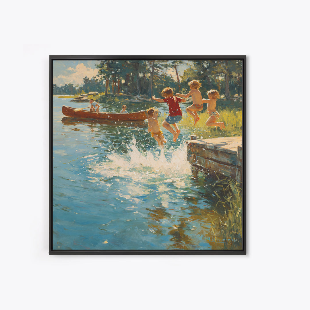 Children Jumping Into Sunny Lake Canvas Print, Summer Cabin Wall Art, Rustic Lake House Decor, Kids Room Art, Family Gift
