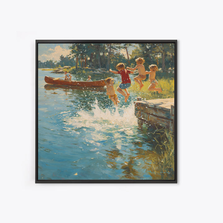 Children Jumping Into Sunny Lake Canvas Print, Summer Cabin Wall Art, Rustic Lake House Decor, Kids Room Art, Family Gift