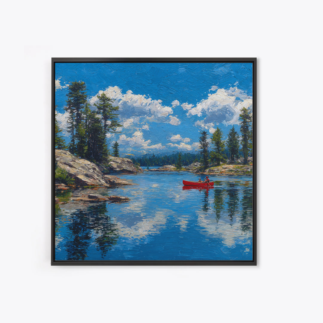 Red Canoe On Alpine Lake Wall Art, Mountain Landscape Painting, Rustic Cabin Decor, Pine Forest Nature Lover Framed Canvas Print
